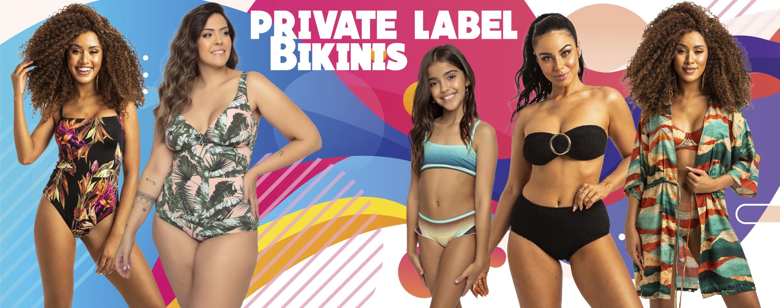 Five models wearing brazilian private label bikinis